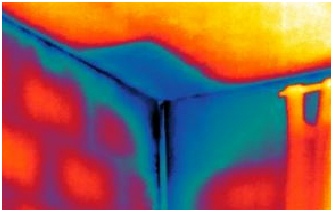 Thermal image of same area with air leakage fan running reveals more